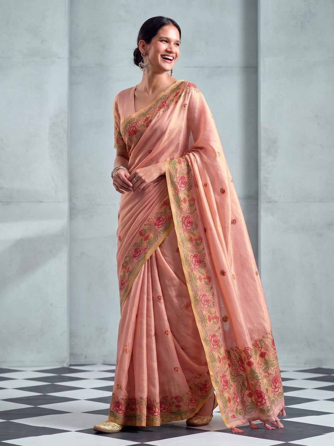 Peachmode Pink Floral Embroidered Tissue Silk Saree - Image 5