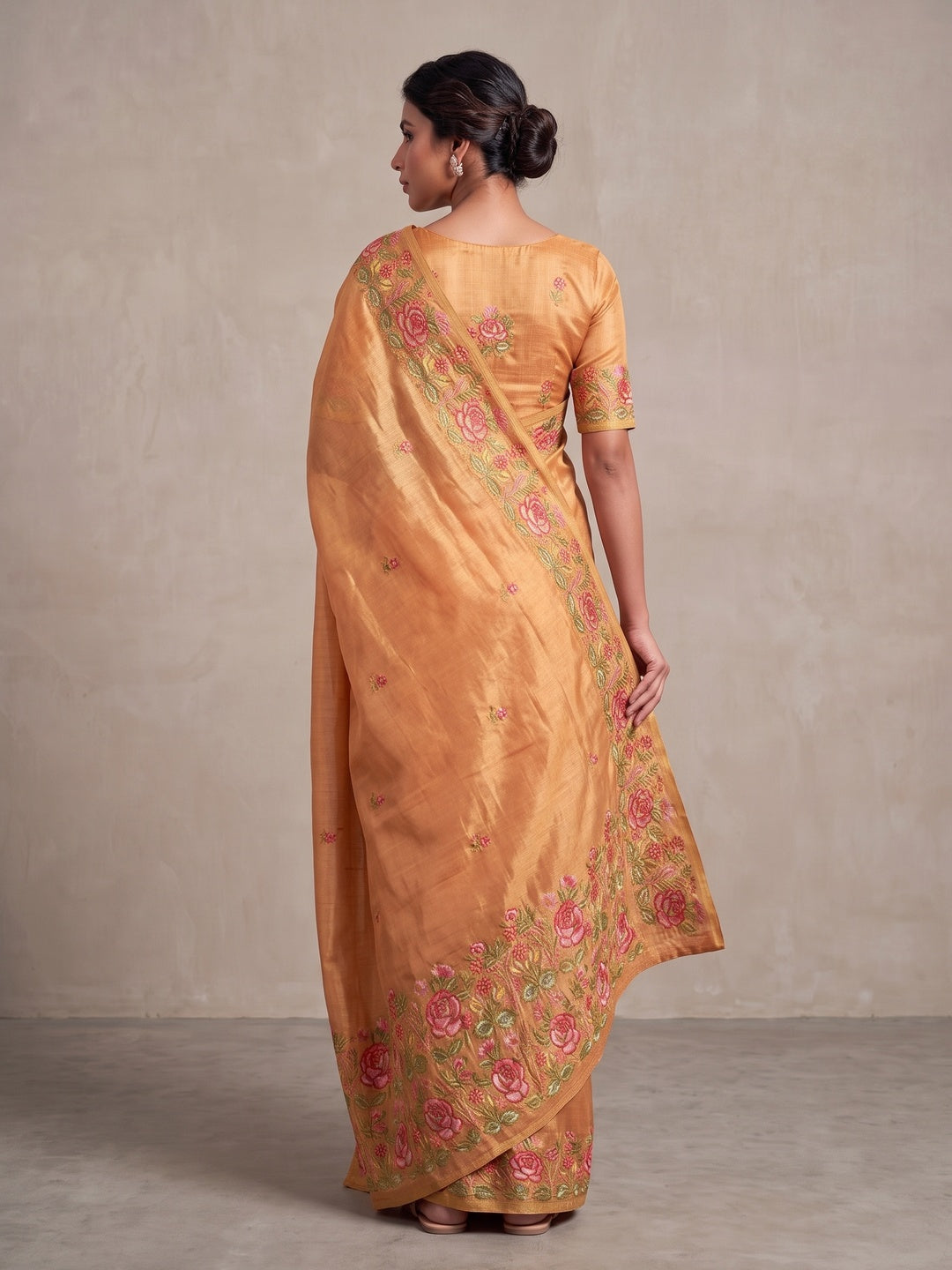 Peachmode Peach Floral Embroidered Tissue Silk Saree - Image 3