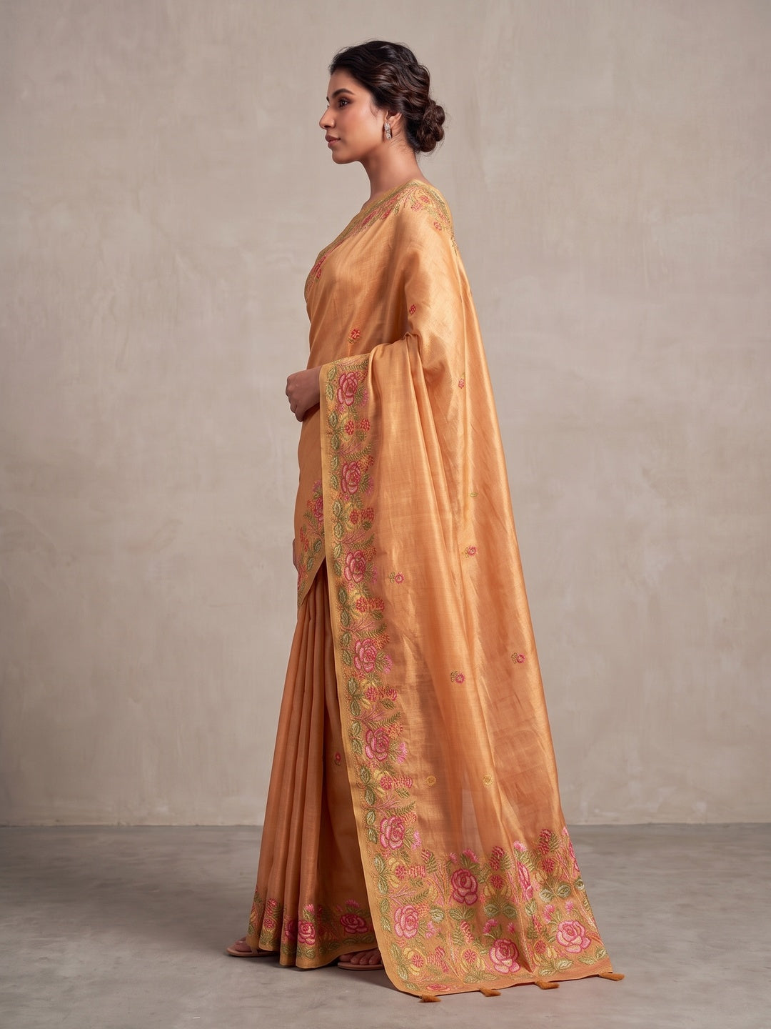 Peachmode Peach Floral Embroidered Tissue Silk Saree - Image 4