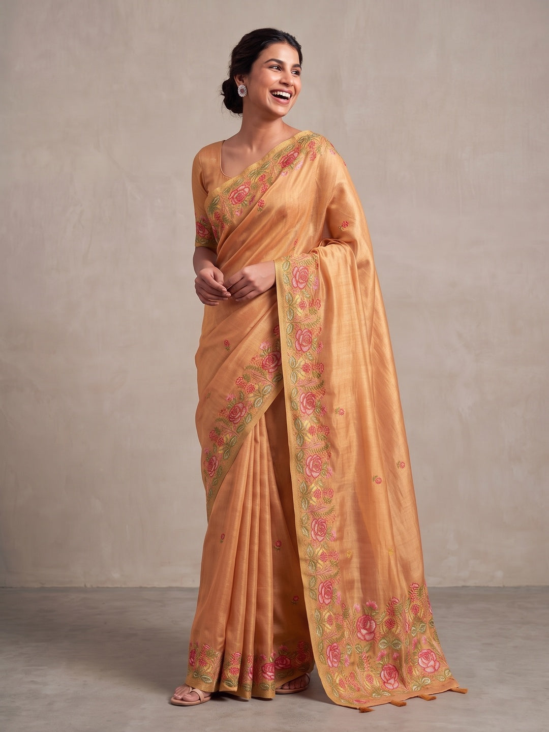 Peachmode Peach Floral Embroidered Tissue Silk Saree - Image 5