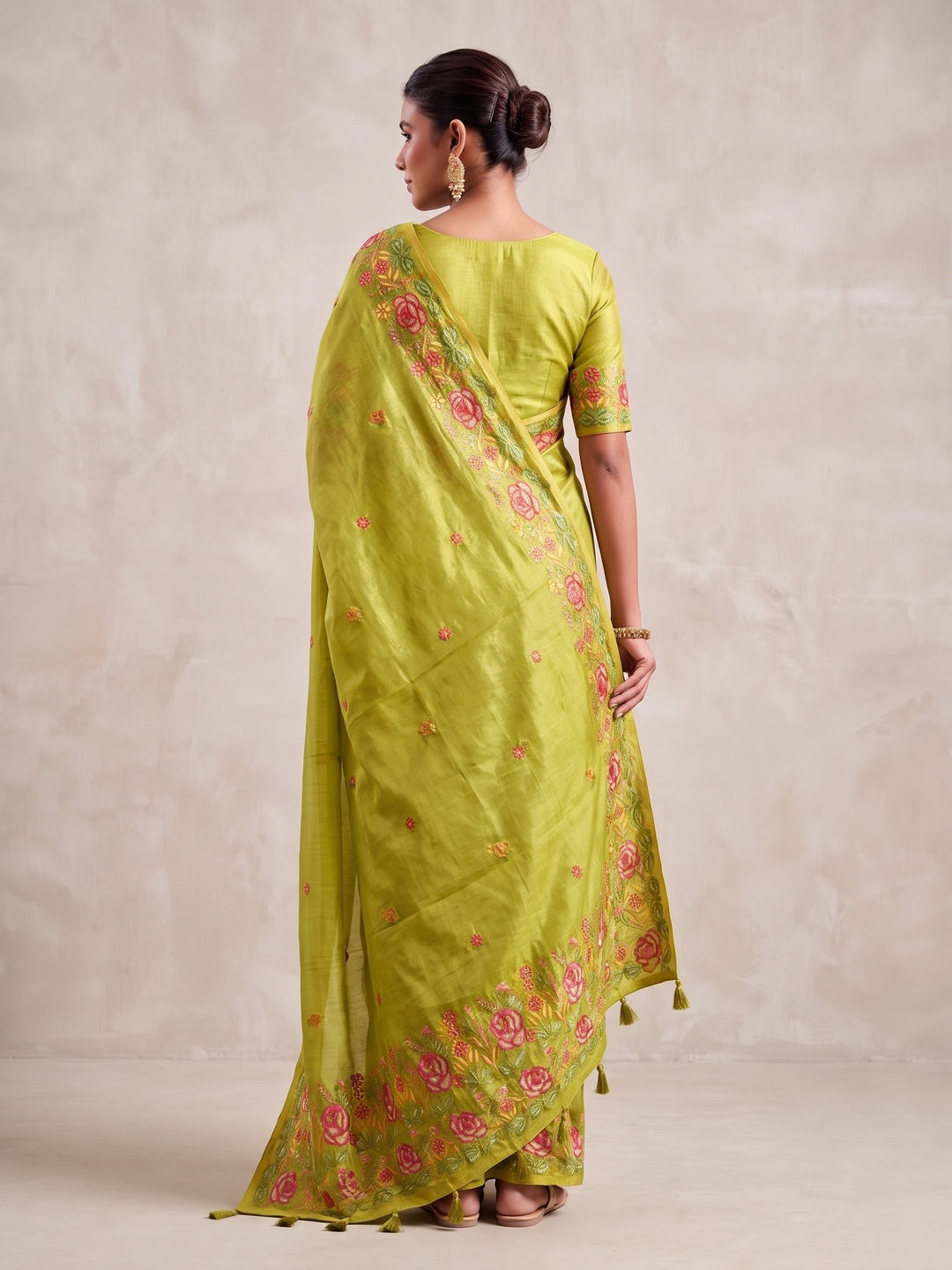 Peachmode Lime Green Floral Embroidered Tissue Silk Saree - Image 3