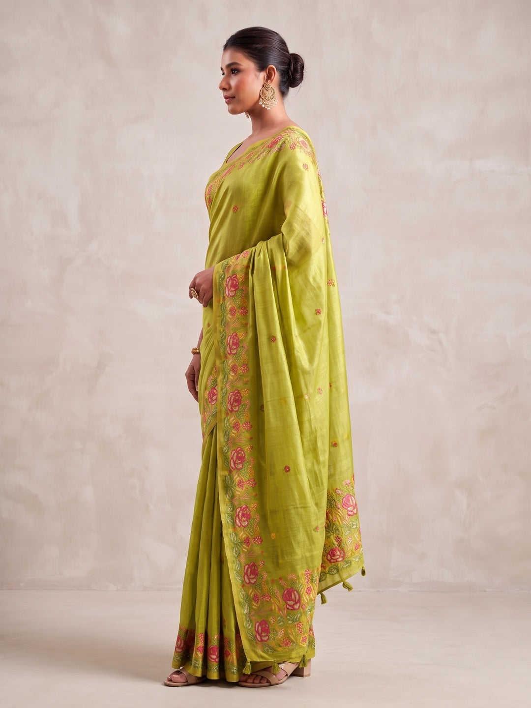 Peachmode Lime Green Floral Embroidered Tissue Silk Saree - Image 4