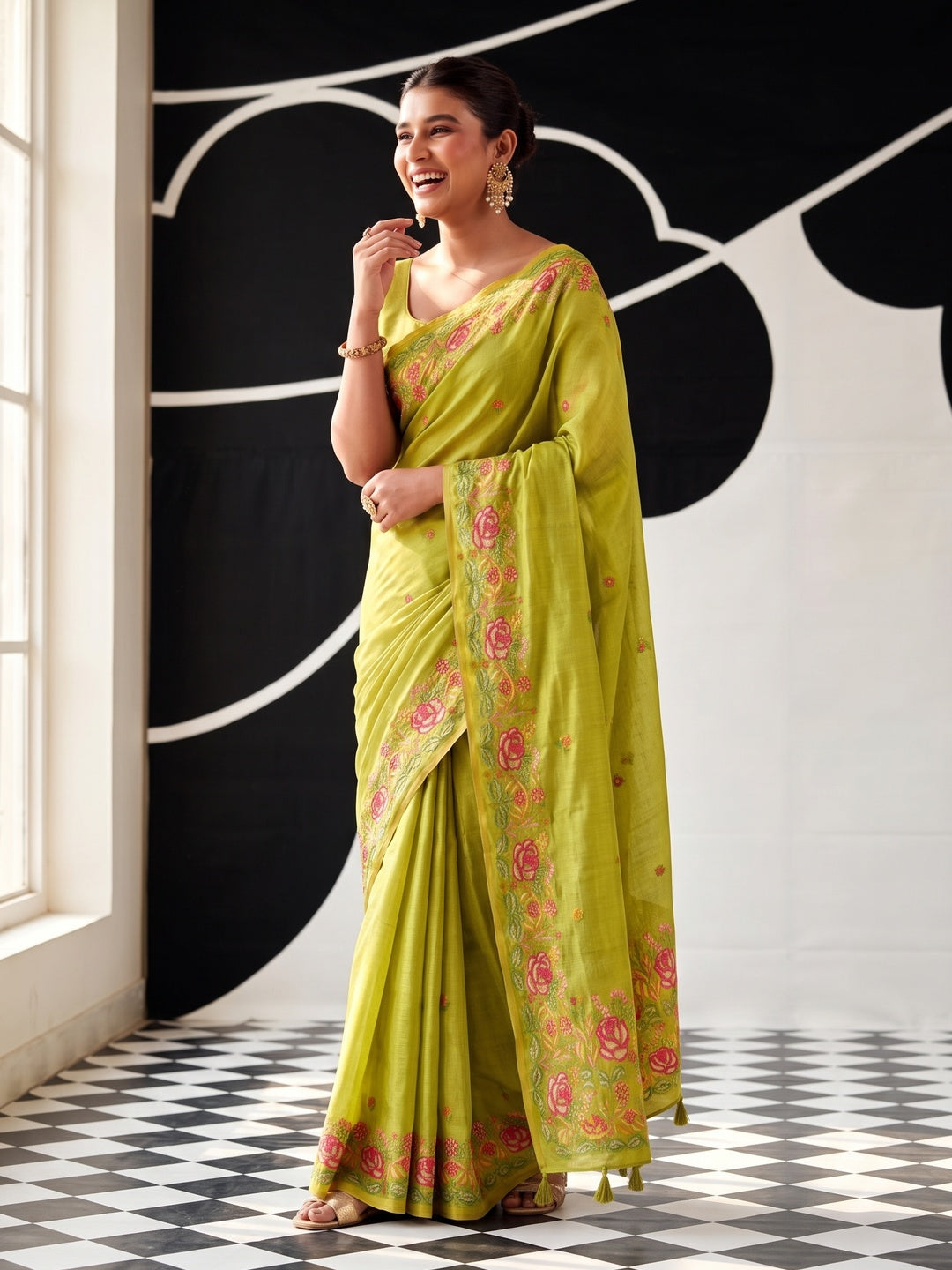 Peachmode Lime Green Floral Embroidered Tissue Silk Saree - Image 5