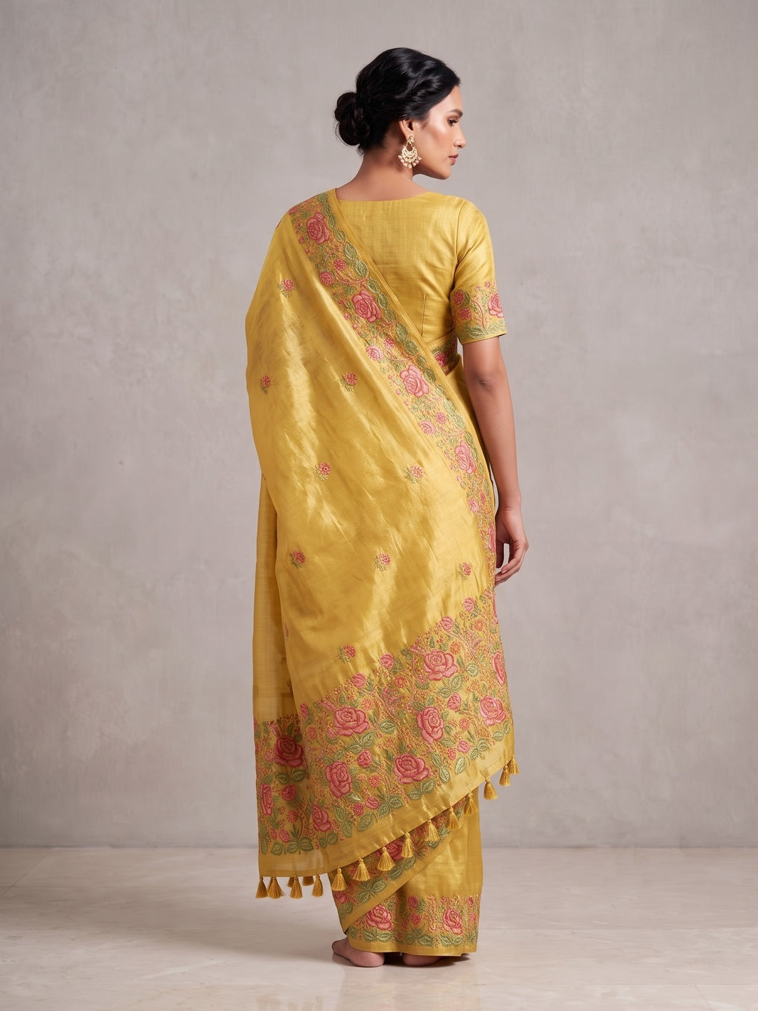 Peachmode Yellow Floral Embroidered Tissue Silk Saree - Image 4