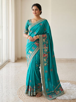Peachmode Turquoise Art Silk Saree - Image 1