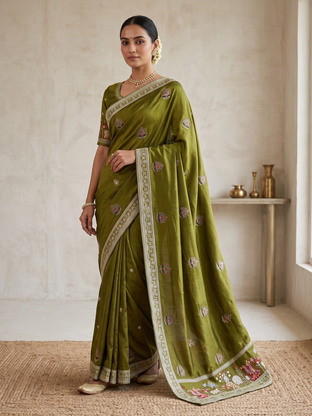 Peachmode Olive Art Silk Saree - Image 1