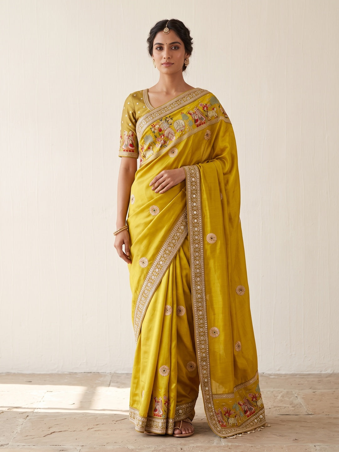 Peachmode Mustard Art Silk Saree - Image 1