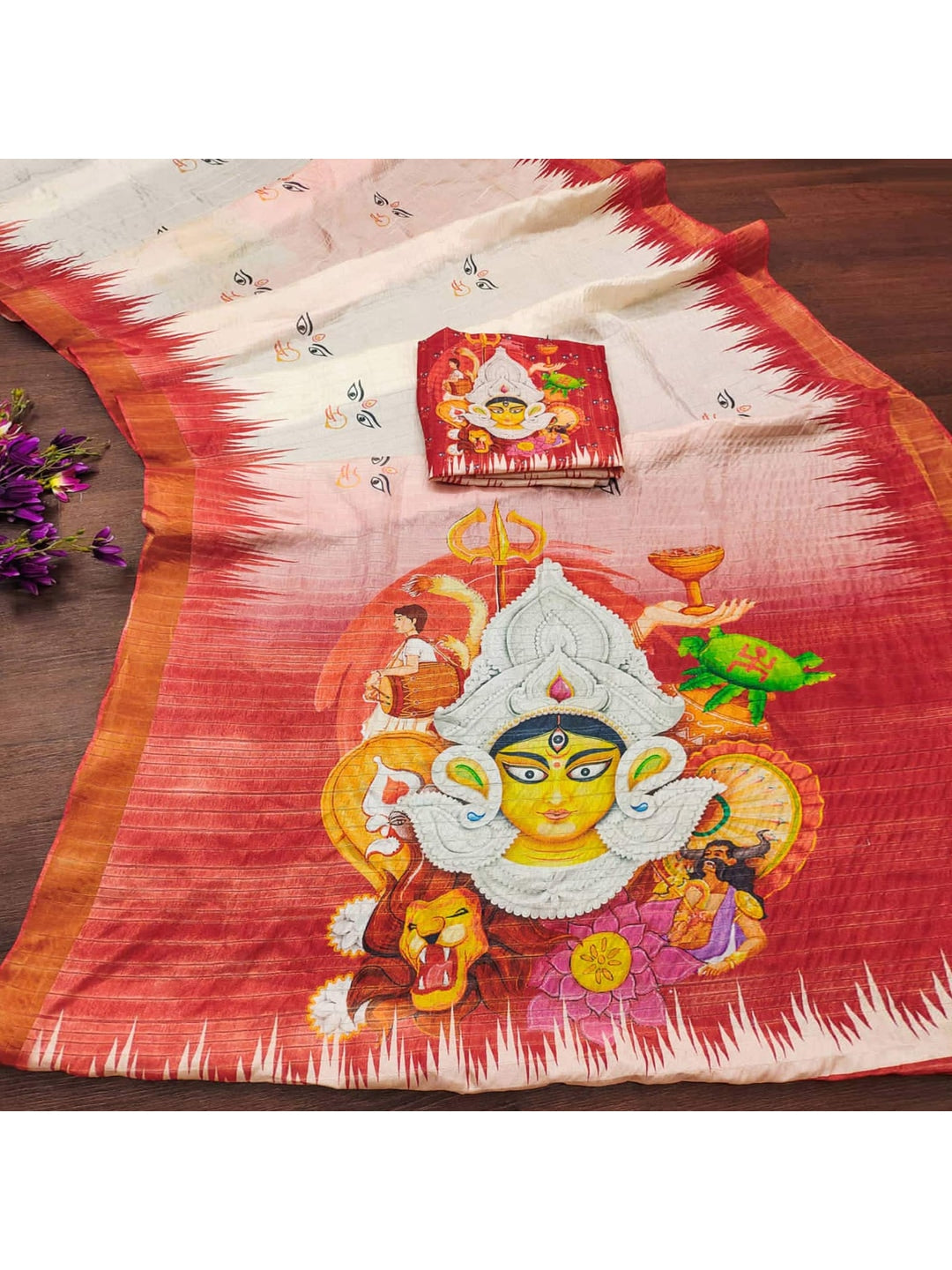 White and Red Durga Face Printed Linen Saree - Image 5