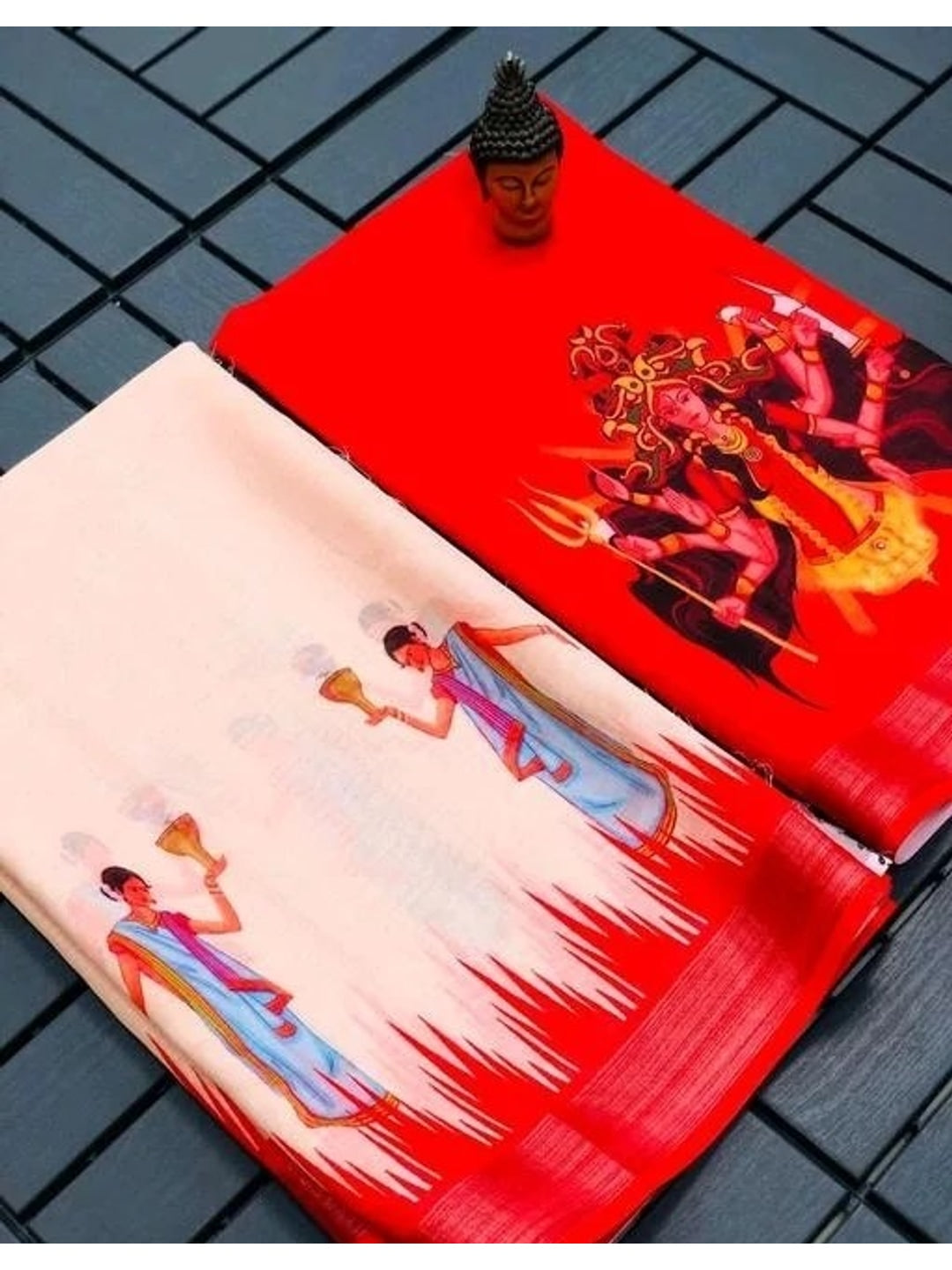White and Red Durga Puja Printed Linen Saree - Image 2
