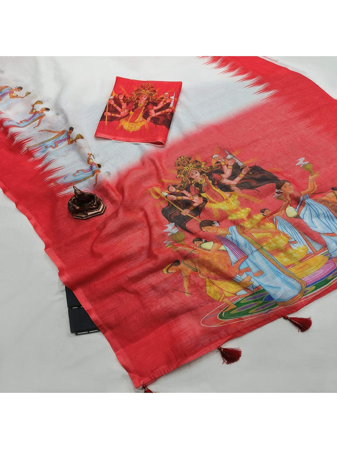 White and Red Durga Puja Printed Linen Saree - Image 5