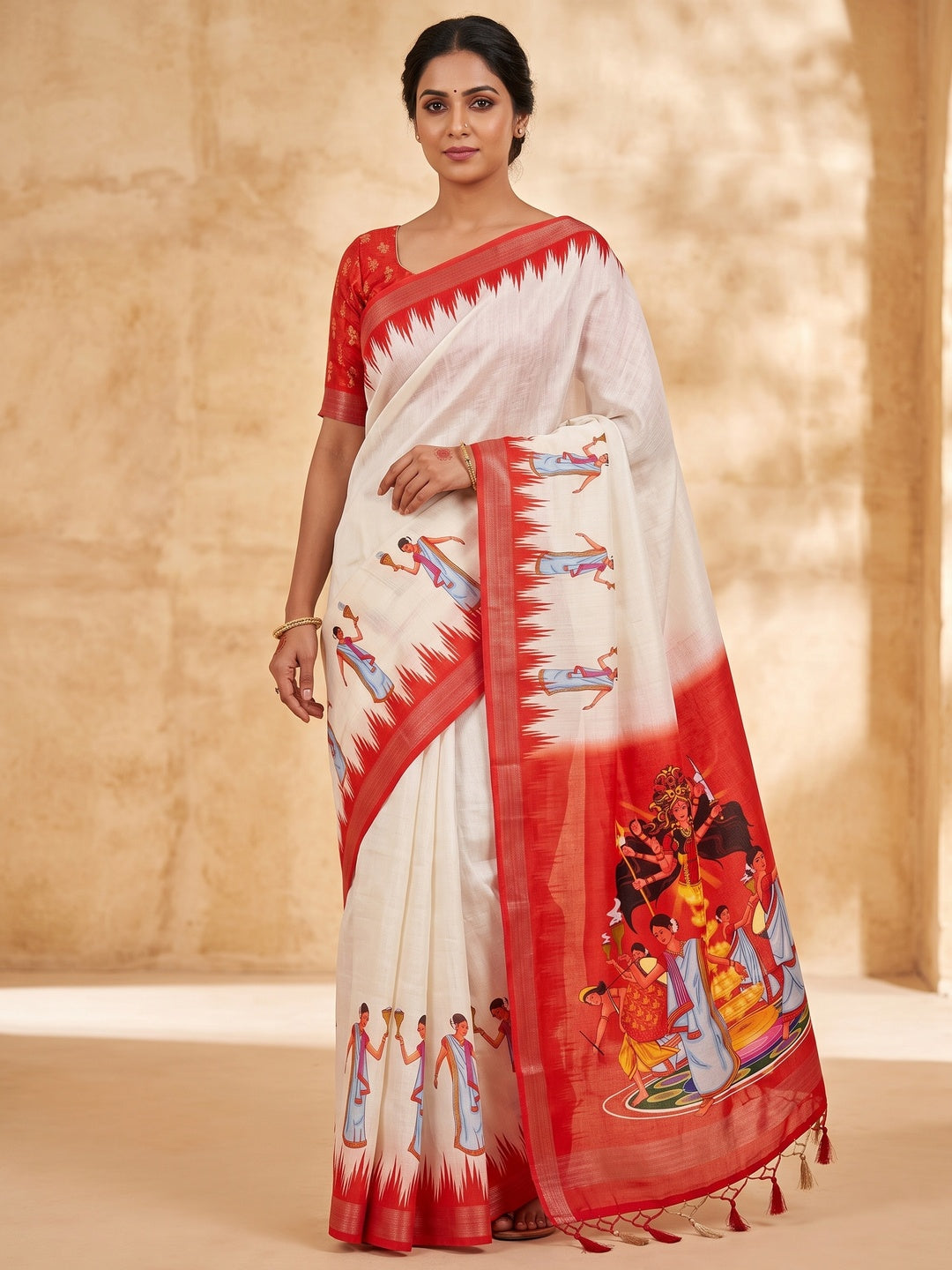 White and Red Durga Puja Printed Linen Saree - Image 1