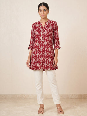 Deep Red Rayon Floral Printed Embellished A-Line Top - Image 1