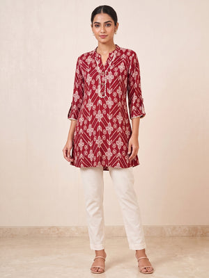 Deep Red Rayon Floral Printed Embellished A-Line Top - Image 2