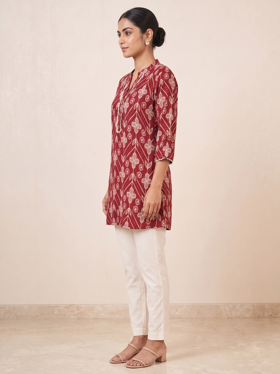 Deep Red Rayon Floral Printed Embellished A-Line Top - Image 3