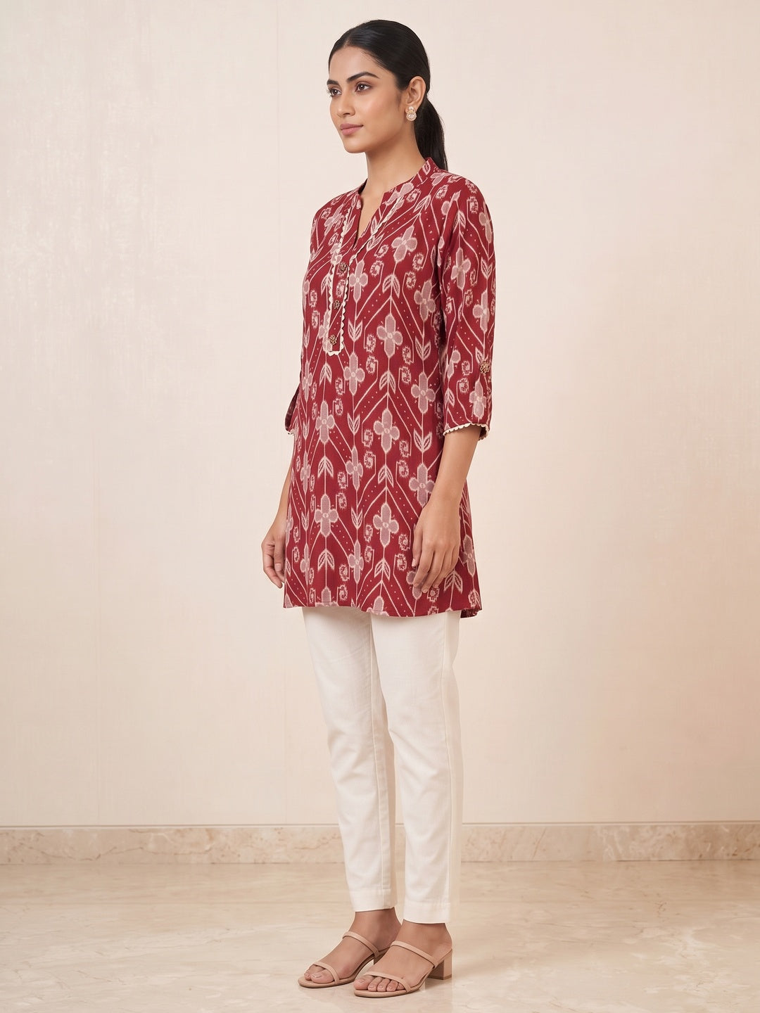 Deep Red Rayon Floral Printed Embellished A-Line Top - Image 4