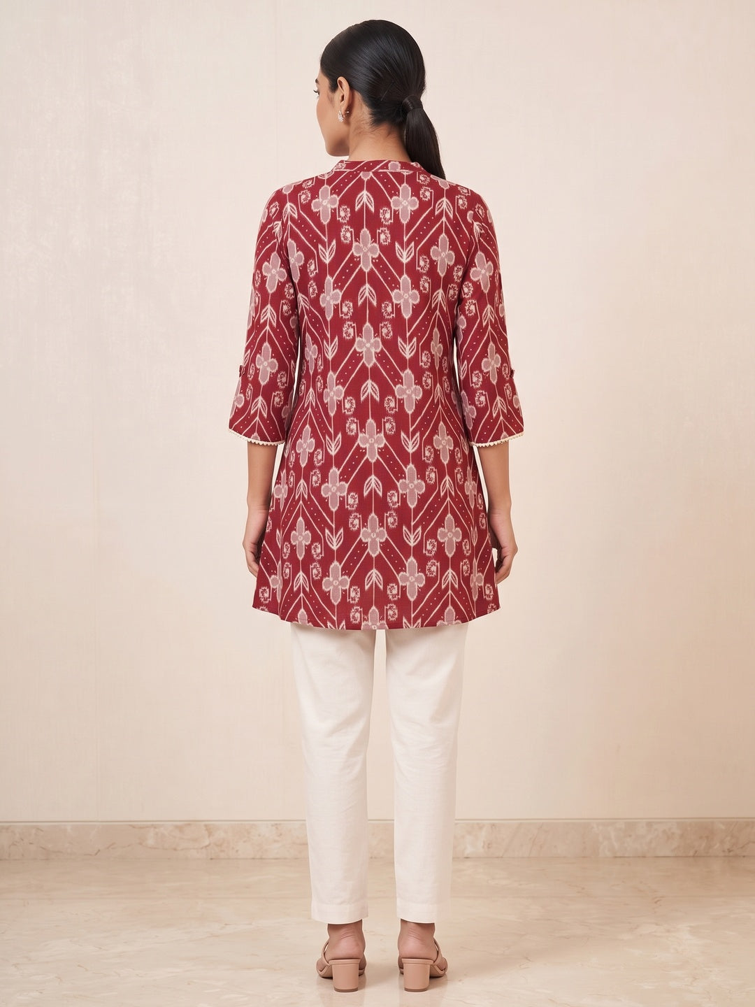 Deep Red Rayon Floral Printed Embellished A-Line Top - Image 5