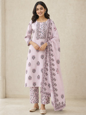 Pink Pure Cotton Katha Work Salwar Suit Set - Image 1
