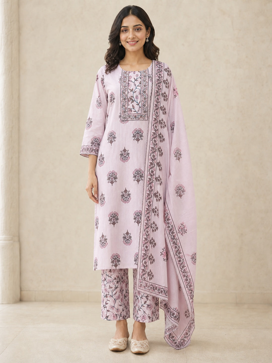 Pink Pure Cotton Katha Work Salwar Suit Set - Image 2