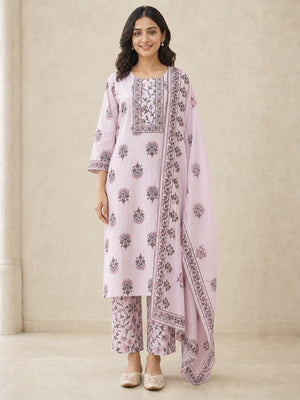 Pink Pure Cotton Katha Work Salwar Suit Set - Image 2