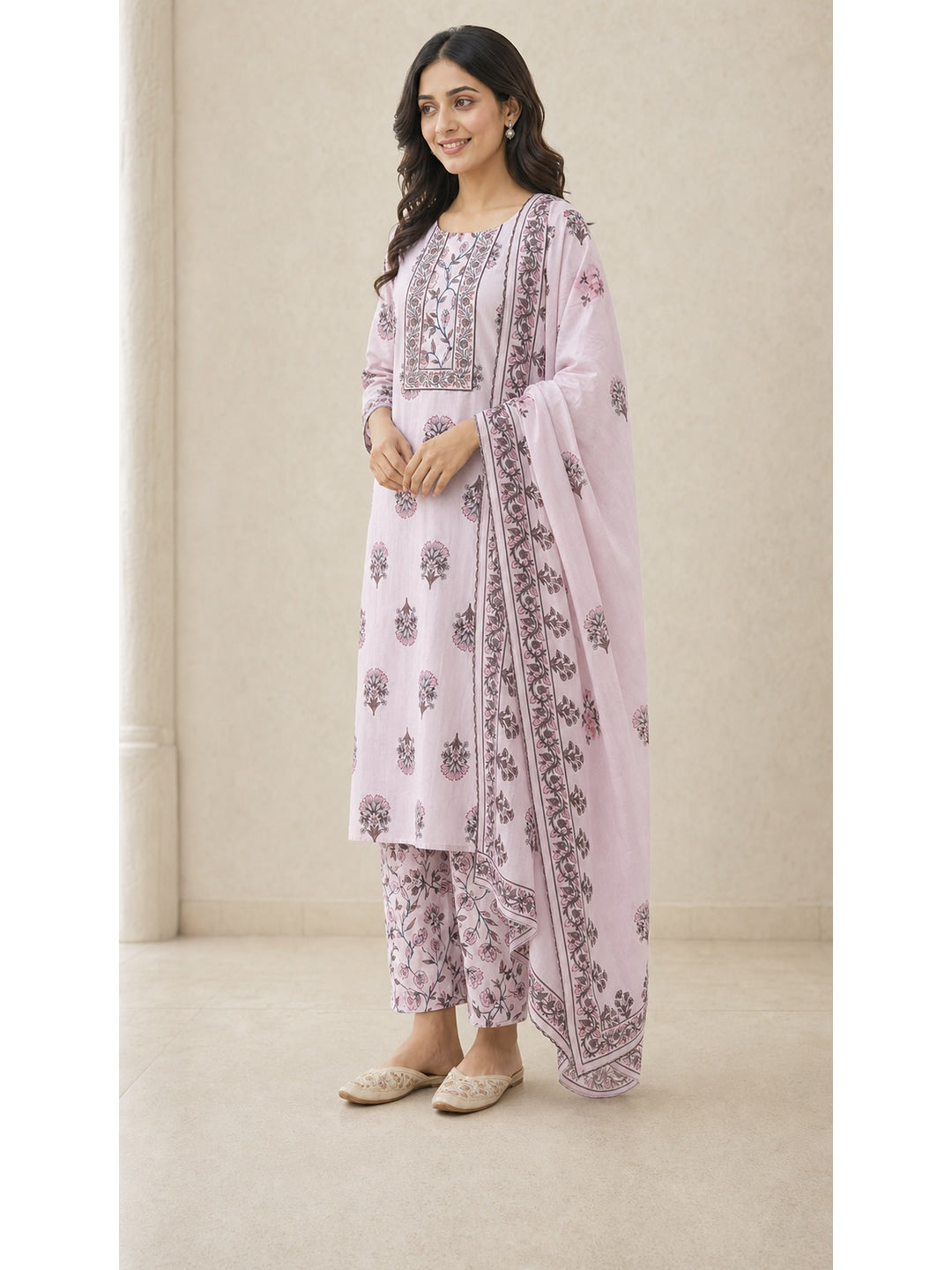 Pink Pure Cotton Katha Work Salwar Suit Set - Image 3