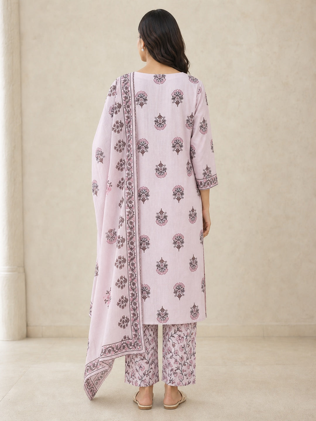 Pink Pure Cotton Katha Work Salwar Suit Set - Image 4