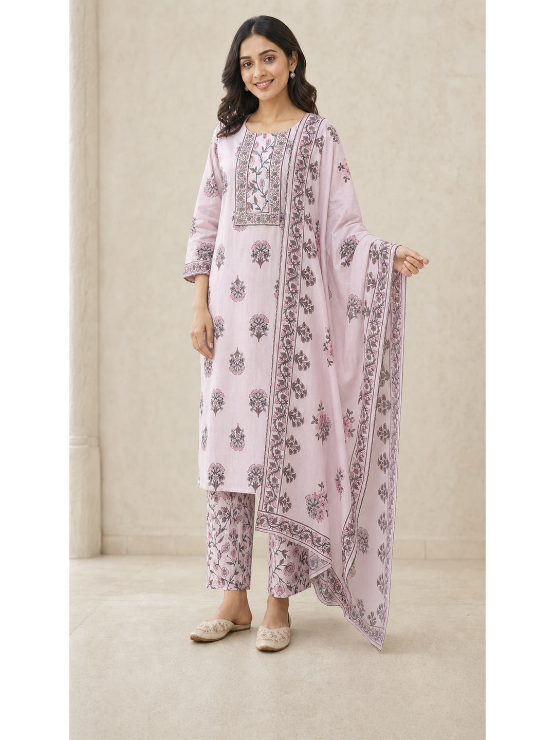 Pink Pure Cotton Katha Work Salwar Suit Set - Image 5