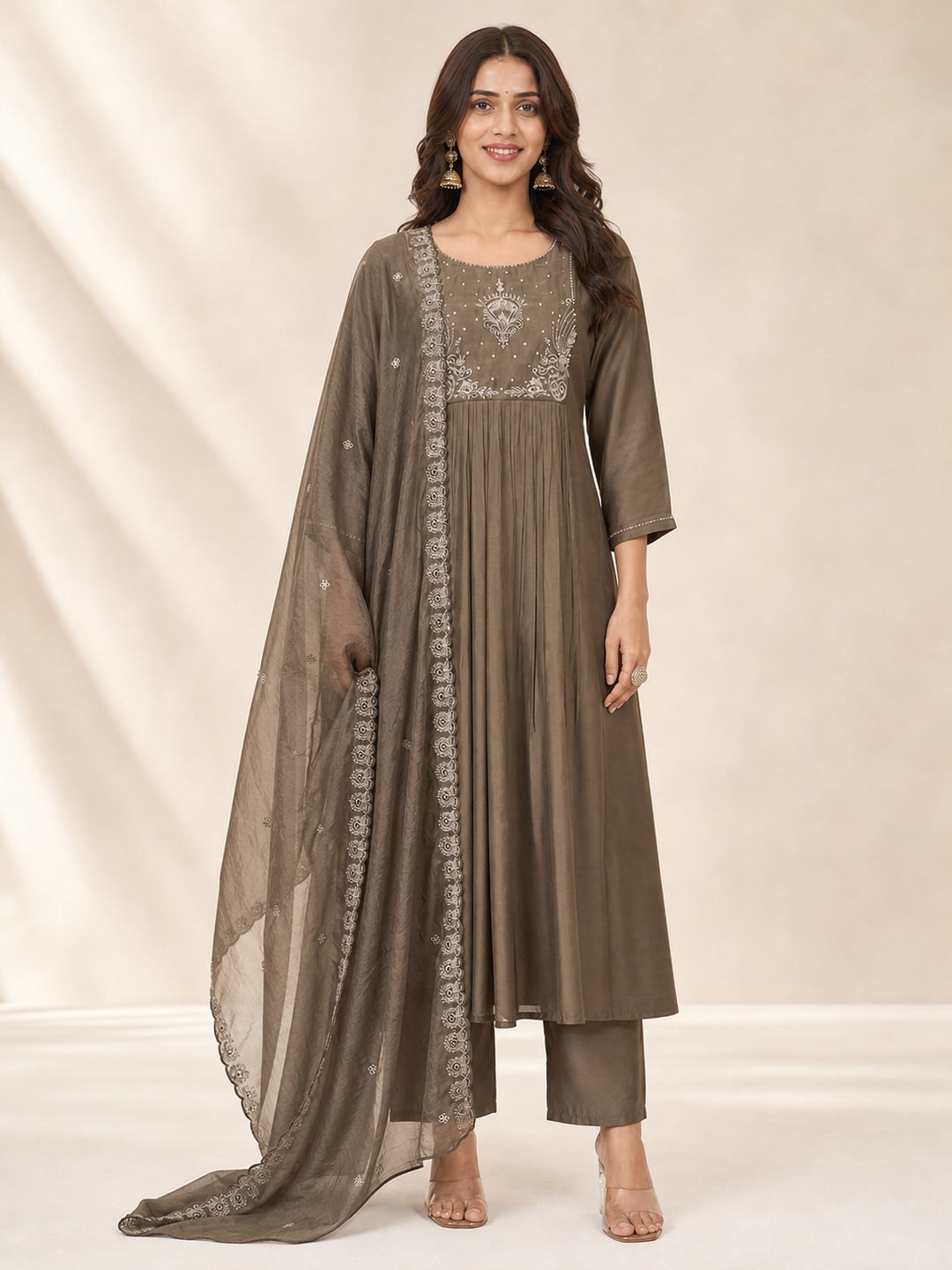 Brown Chanderi Silk Thread Embroidered A-Line Salwar Suit Set - Image 2