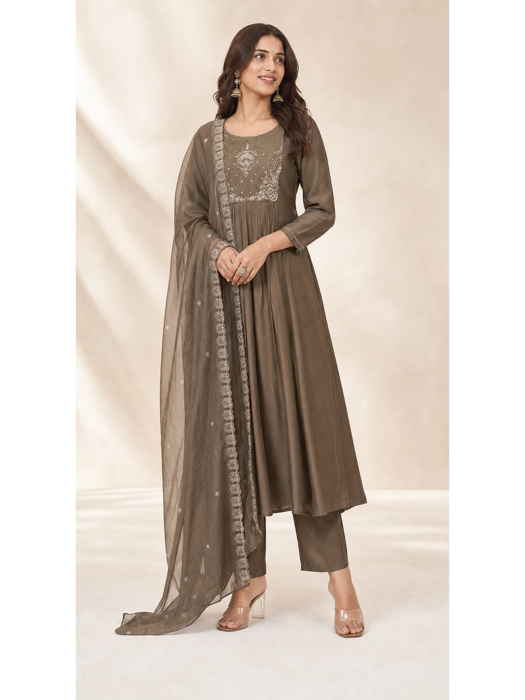 Brown Chanderi Silk Thread Embroidered A-Line Salwar Suit Set - Image 3