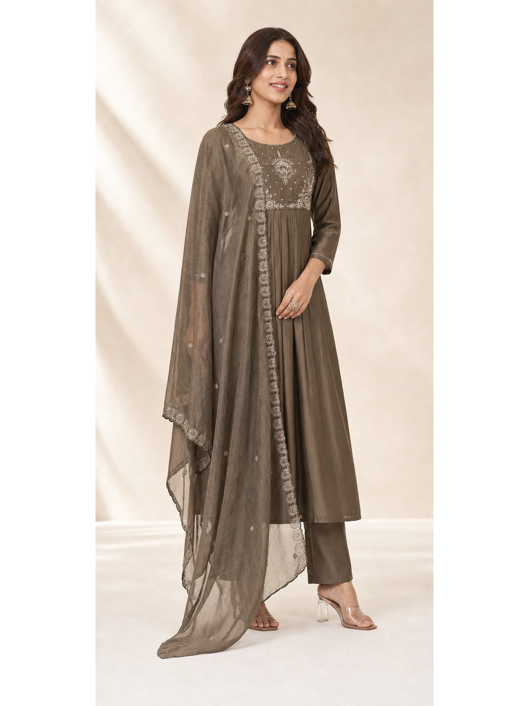 Brown Chanderi Silk Thread Embroidered A-Line Salwar Suit Set - Image 4