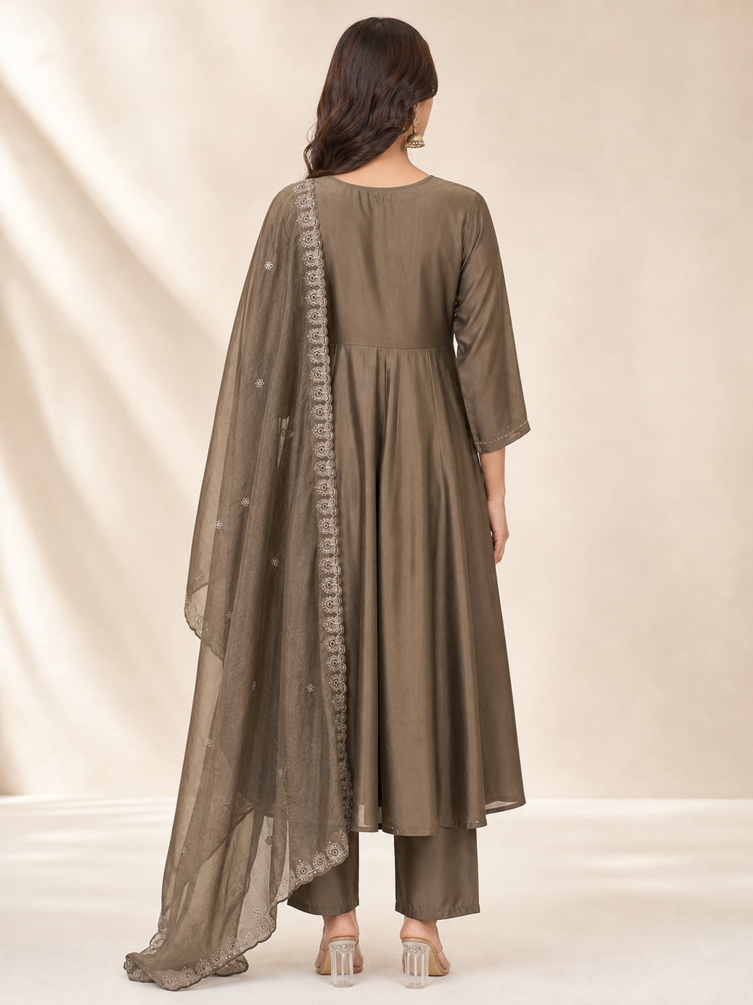 Brown Chanderi Silk Thread Embroidered A-Line Salwar Suit Set - Image 5