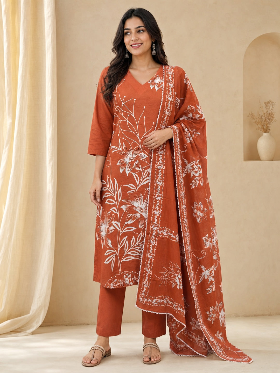 Rust Pure Cotton Katha Work Printed Salwar Suit Set - Image 1