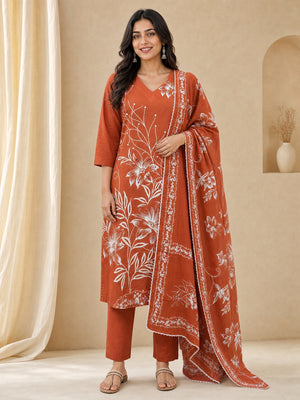 Rust Pure Cotton Katha Work Printed Salwar Suit Set - Image 2