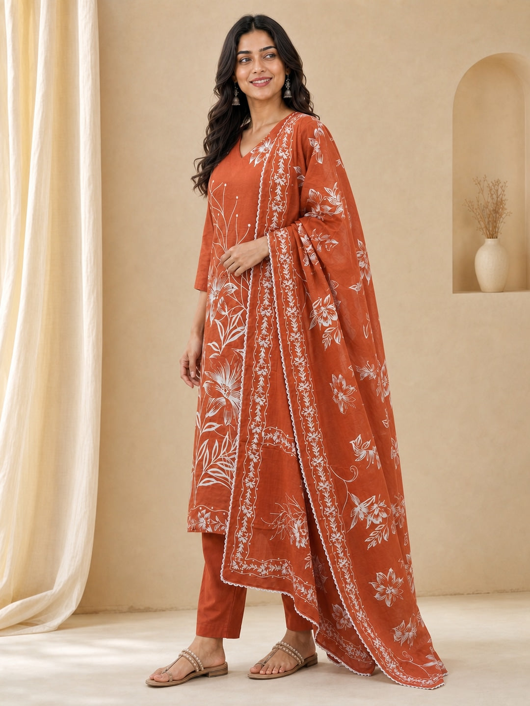 Rust Pure Cotton Katha Work Printed Salwar Suit Set - Image 4