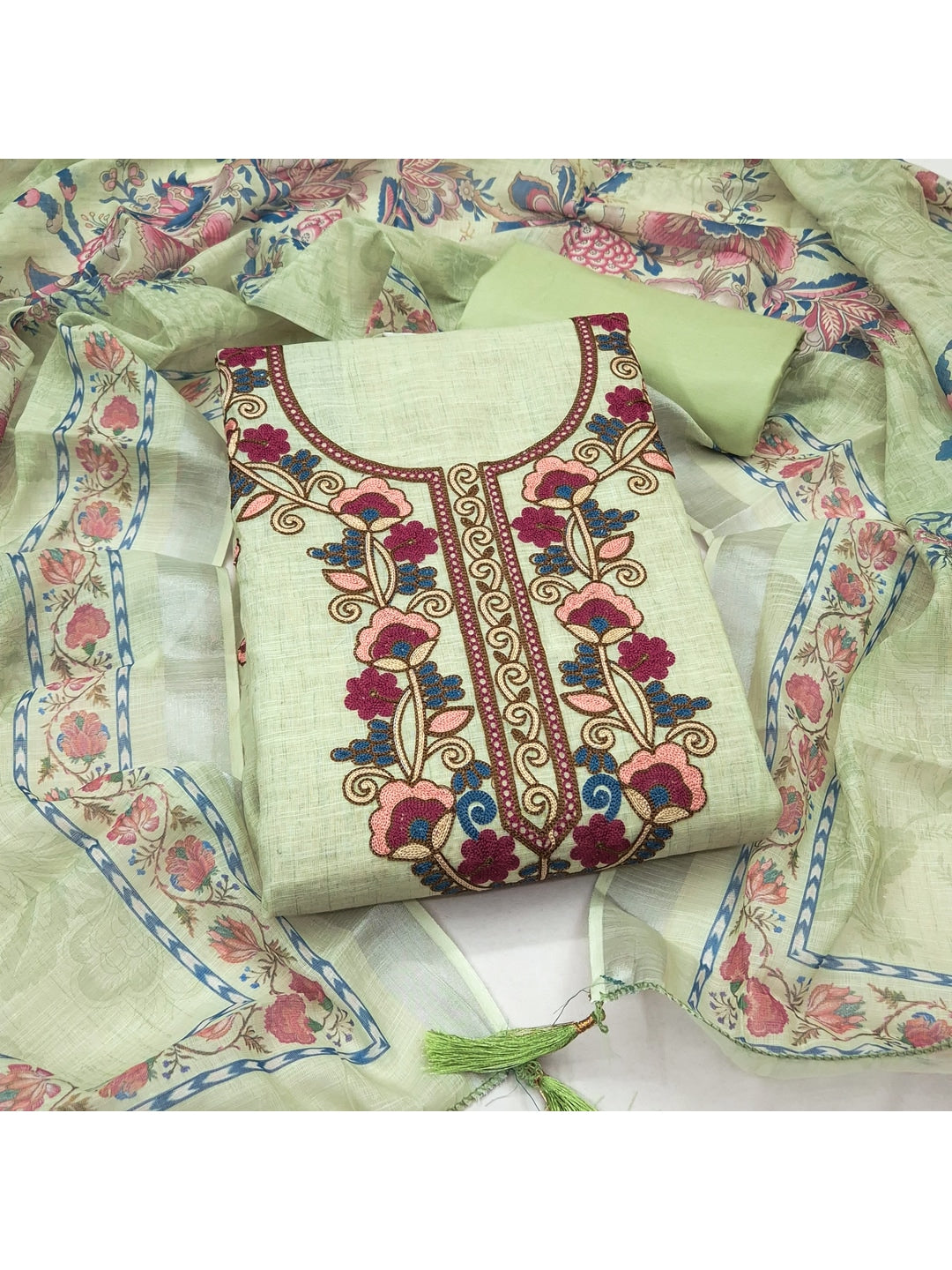 Peachmode Green Floral Embroidered Linen Cotton Dress Material - Image 2