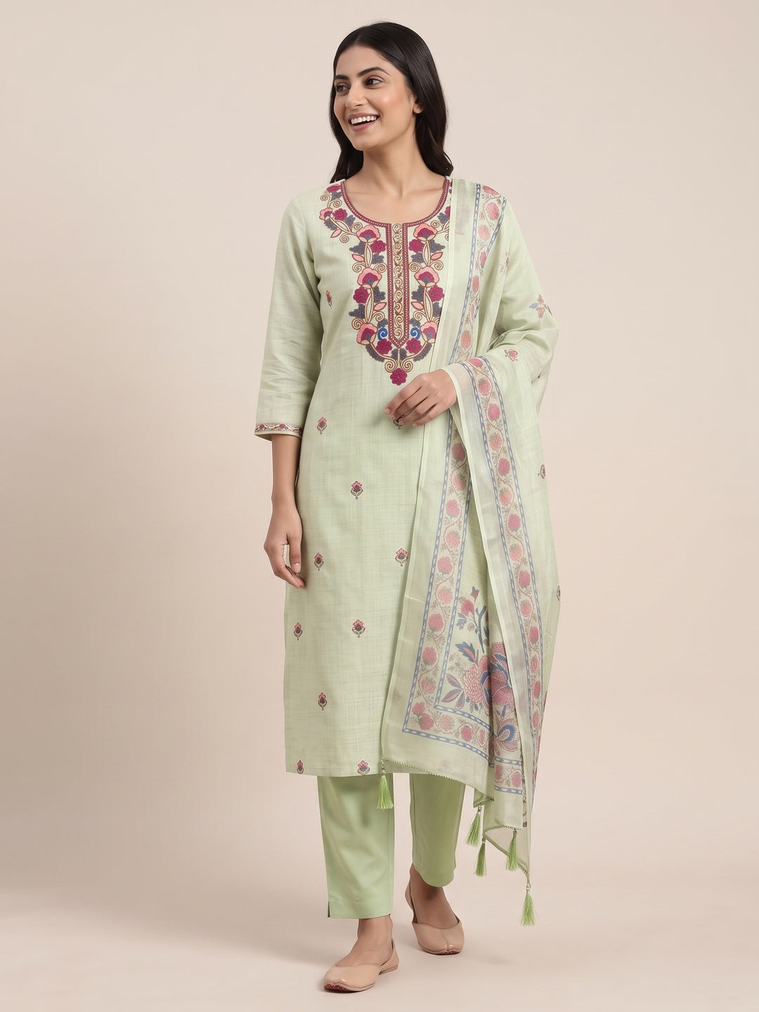Peachmode Green Floral Embroidered Linen Cotton Dress Material - Image 5