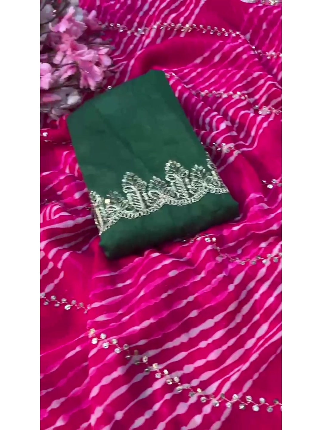 Peachmode Pink Georgette Leheriya Saree with Beads Cutwork Border - Image 6