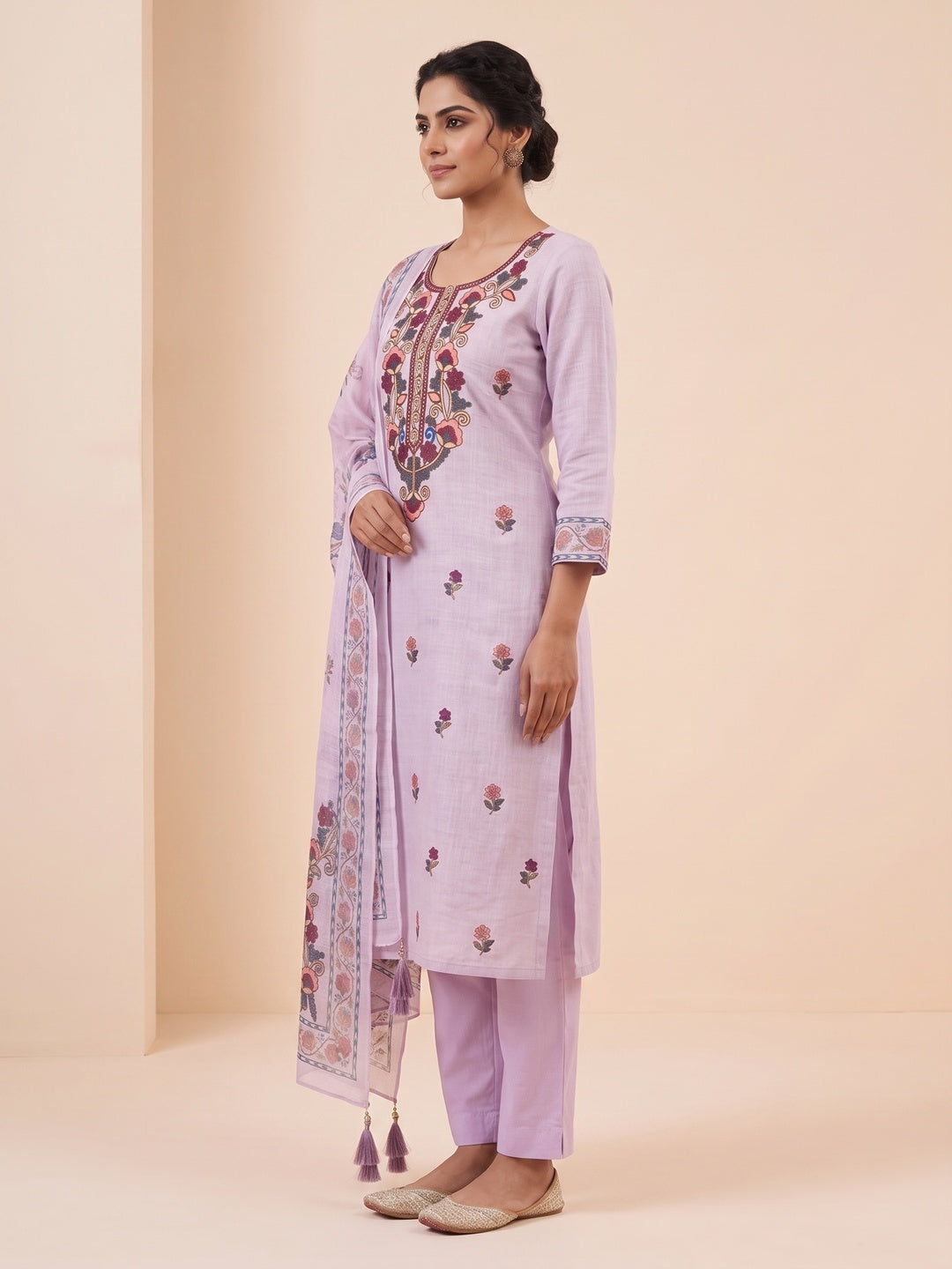 Peachmode Lavender Floral Embroidered Linen Cotton Dress Material - Image 4