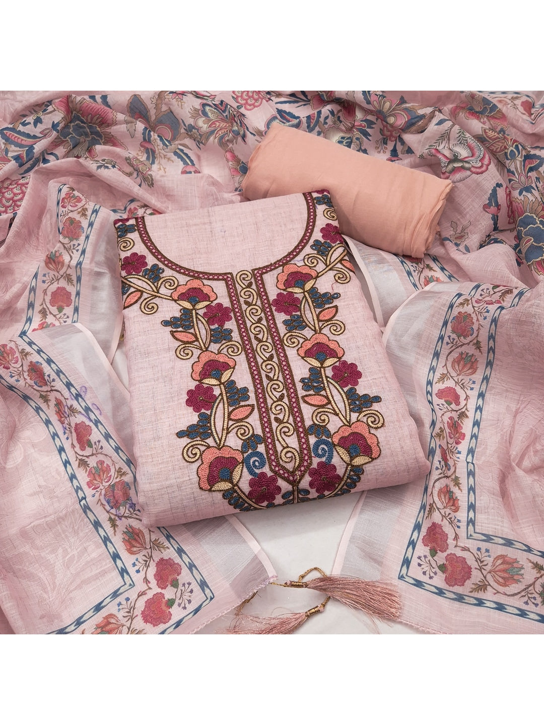Peachmode Peach Floral Embroidered Linen Cotton Dress Material - Image 2