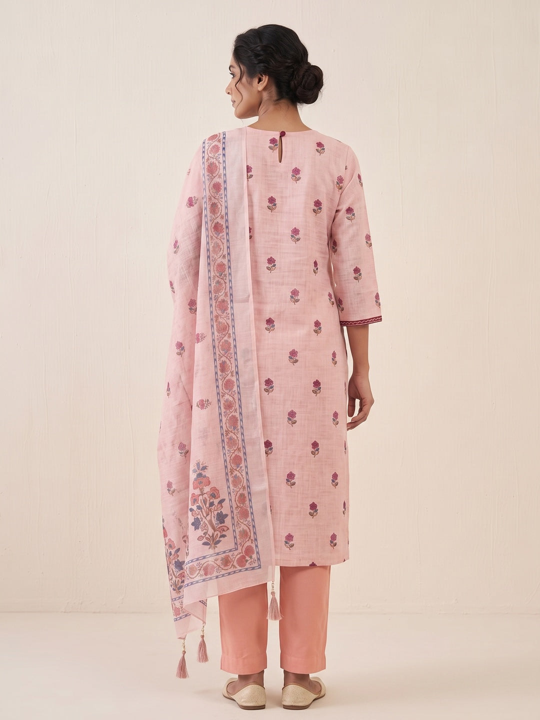 Peachmode Peach Floral Embroidered Linen Cotton Dress Material - Image 3