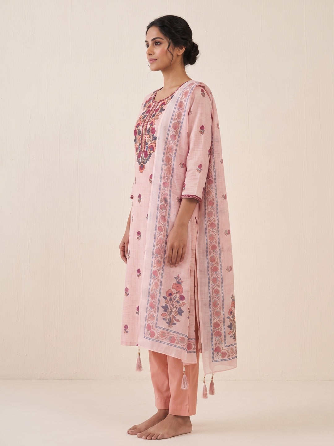 Peachmode Peach Floral Embroidered Linen Cotton Dress Material - Image 4