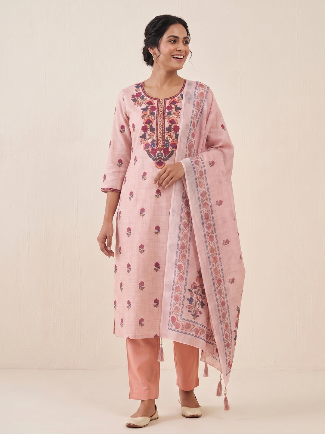 Peachmode Peach Floral Embroidered Linen Cotton Dress Material - Image 5