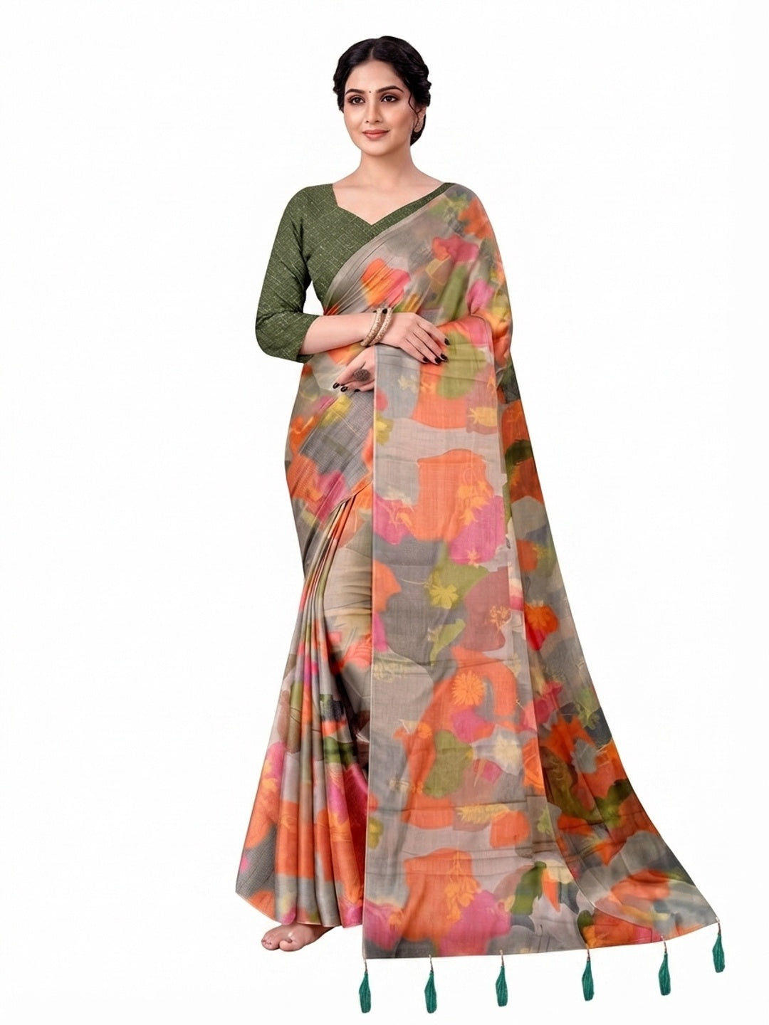 Peachmode Sage Green Digital Printed Tissue Cotton Saree - Image 4