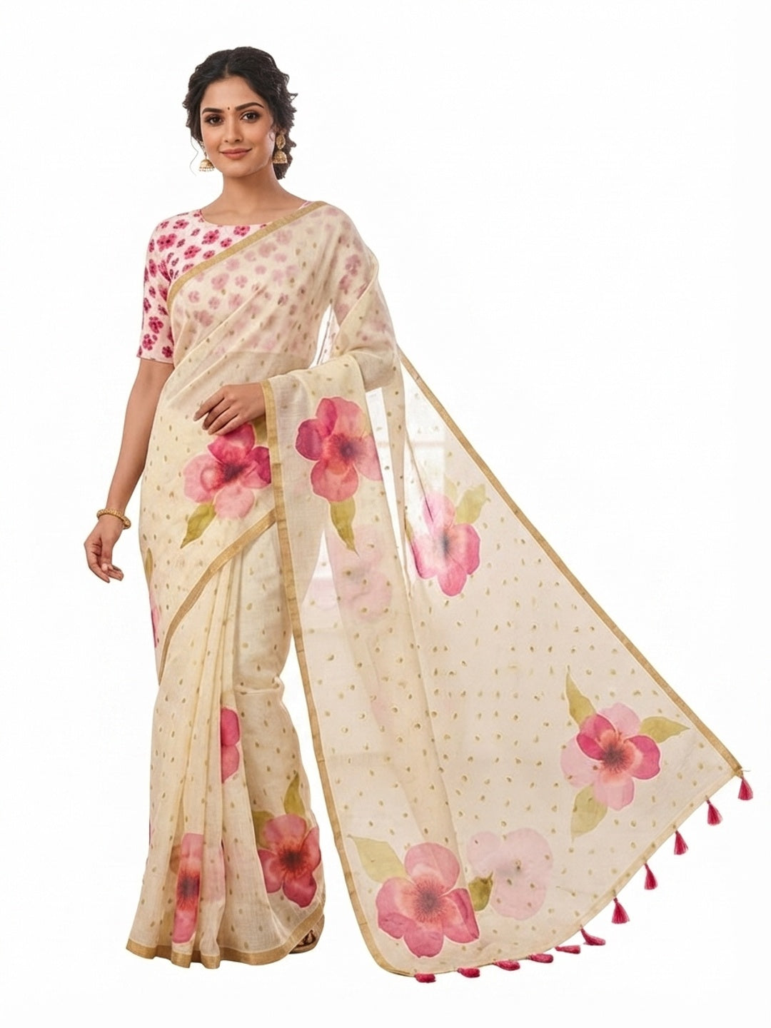 Peachmode Cream Pink Floral Printed Linen Saree - Image 6