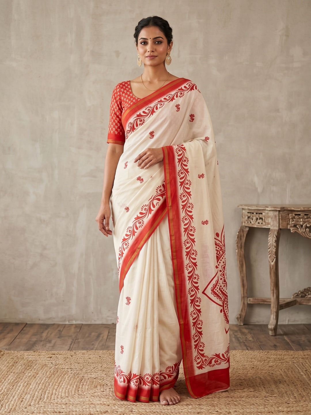 Peachmode Off White Abstract Printed Mulmul Cotton Saree - Image 1