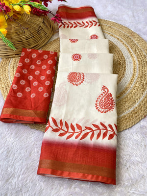 Peachmode Off White Paisley Printed Mulmul Cotton Saree - Image 2