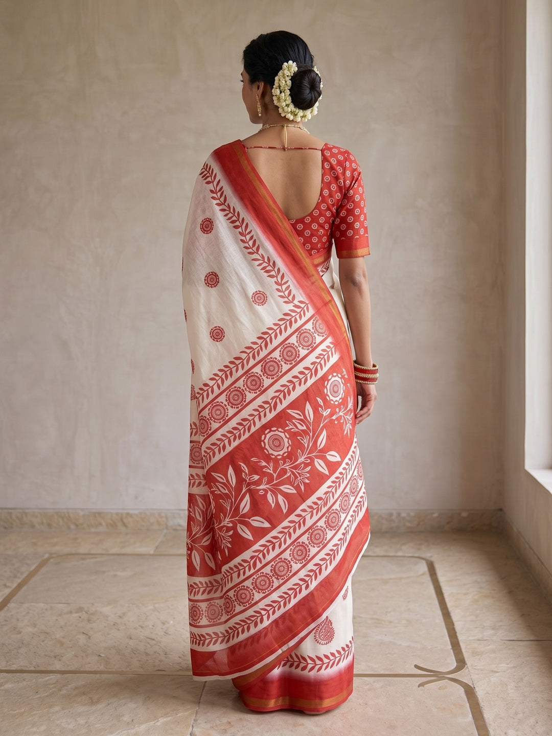 Peachmode Off White Paisley Printed Mulmul Cotton Saree - Image 5
