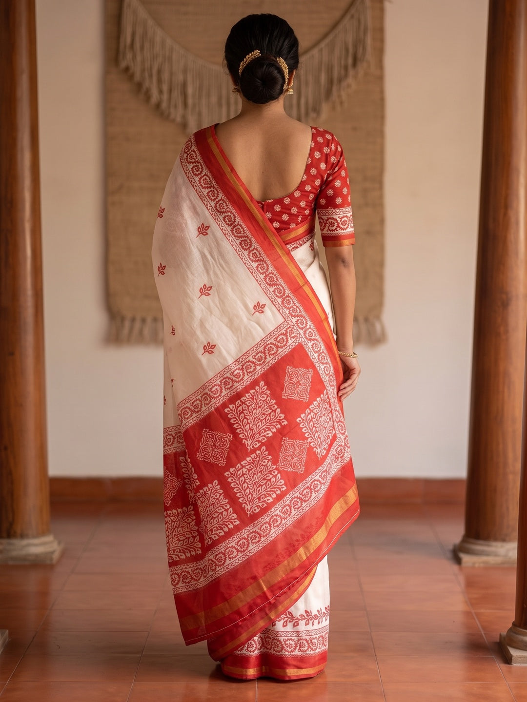 Peachmode Off White Leaf Printed Mulmul Cotton Saree - Image 5