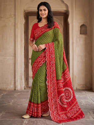 Peachmode Olive Green Bandhani Mirror Work Chiffon Saree - Image 1