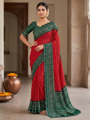 Peachmode Red Bandhani Mirror Work Chiffon Saree - Image 1