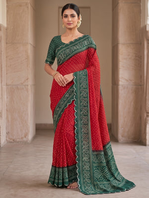Peachmode Red Bandhani Mirror Work Chiffon Saree - Image 2